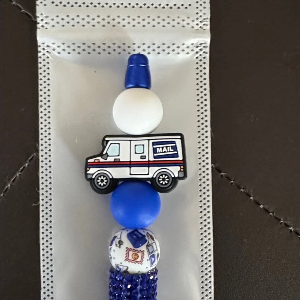 Blue and White Beaded Pen with Mail Truck Design, NEW
